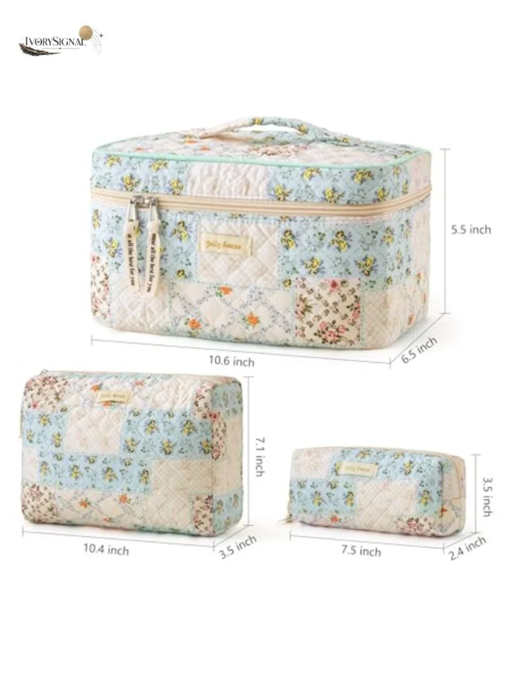 Quilted Cotton Makeup Bag Organizer Set of 3 with Gold-Plated Zipper